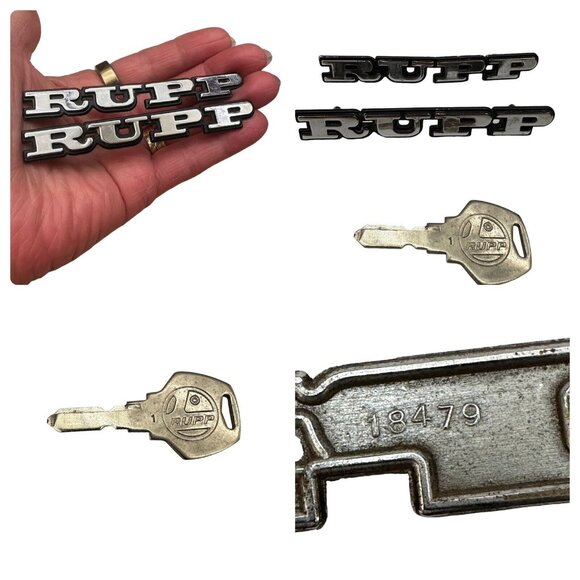 2 Vintage Rupp snowmobile Metal Emblems Badge Logos and a key. - Picture 1 of 9